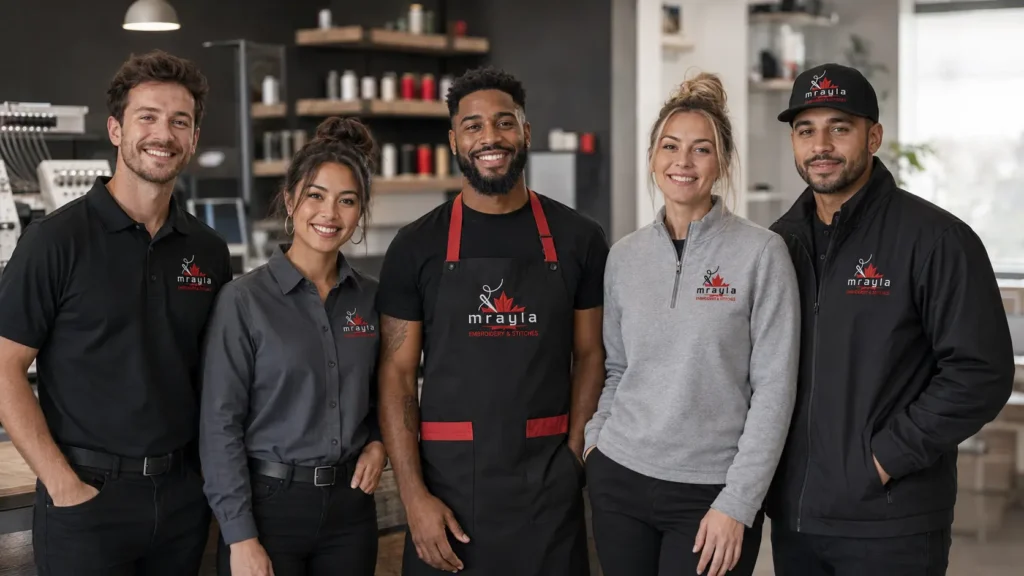 Small-business staff wearing custom embroidered uniforms