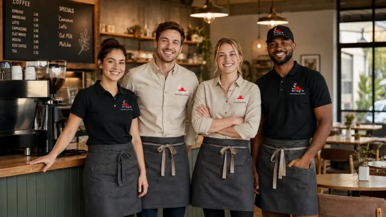 Restaurant and café staff wearing embroidered MRAYLA uniforms