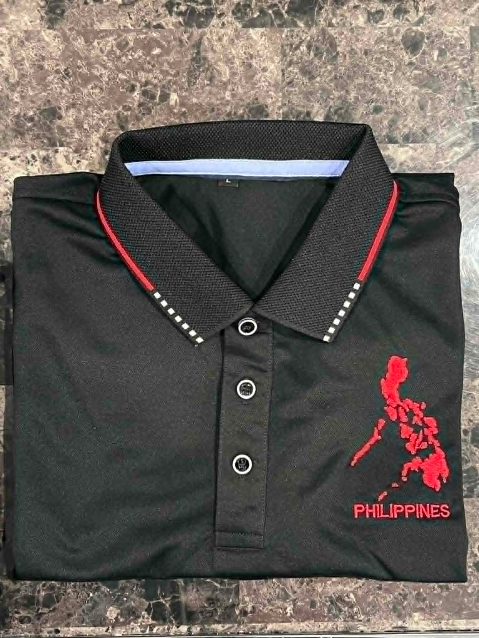 embroidered philippine map on a left chest of a polo shirt
