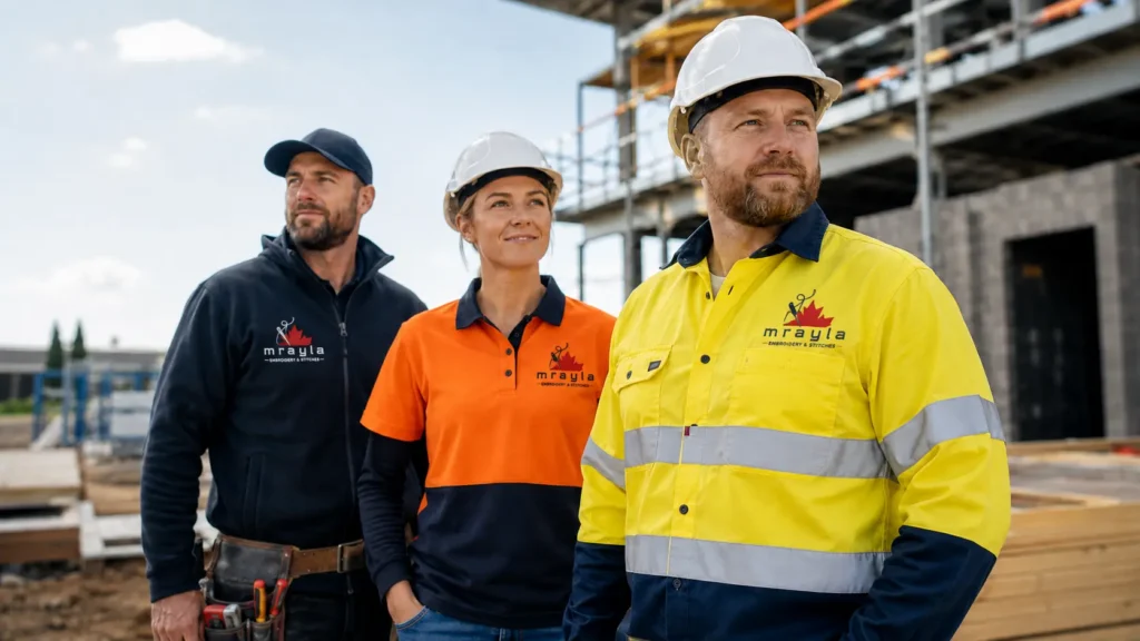 Construction crew wearing custom embroidered work uniforms