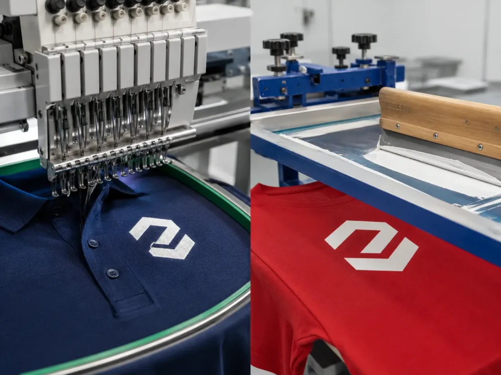 Custom embroidery and screen printing comparison on business apparel