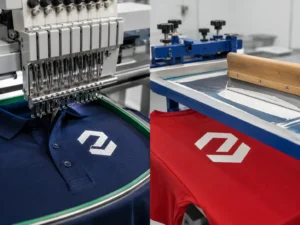 Custom embroidery and screen printing comparison on business apparel