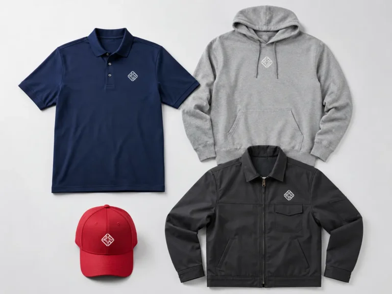 Embroidery logo placements on polo, hoodie, hat and work jacket
