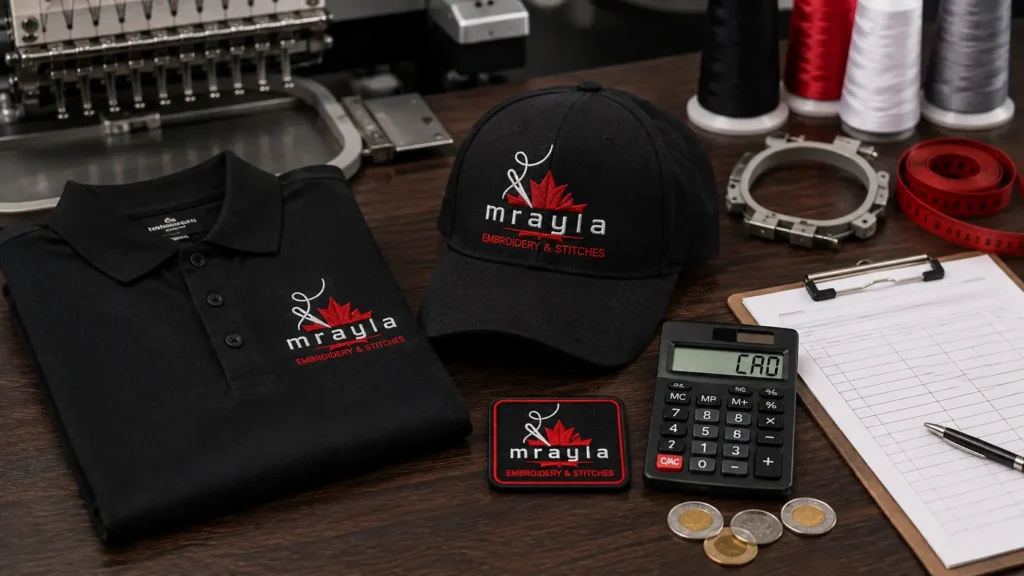 Custom embroidered apparel and patches with pricing materials