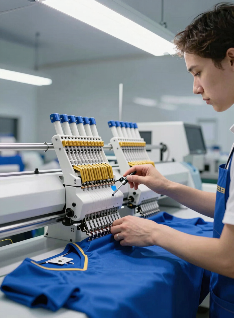 Embroidery specialist operating a multi-head embroidery machine in London Ontario