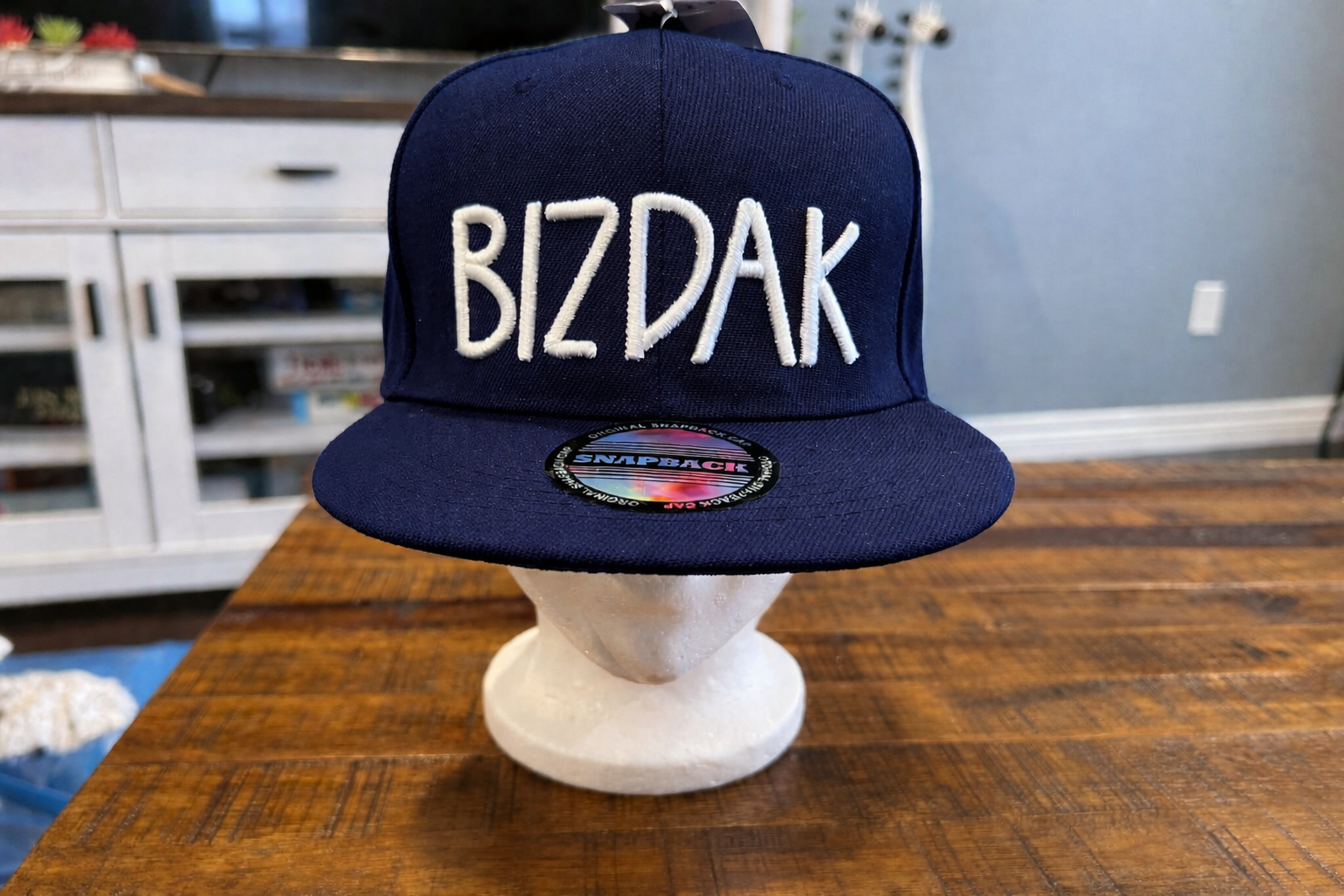 Navy cap with custom white 3D puff embroidery