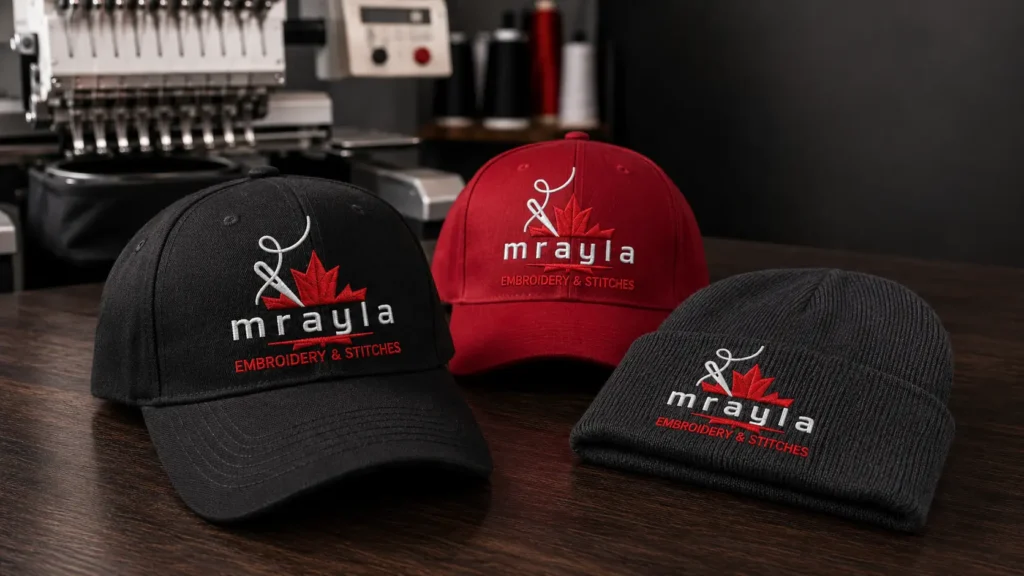 Custom embroidered MRAYLA hats and beanies for business branding