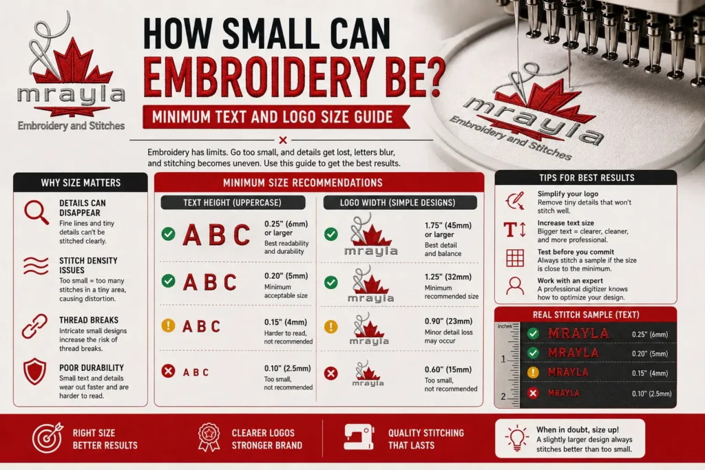 Minimum embroidery text size and logo size guide showing small embroidered lettering