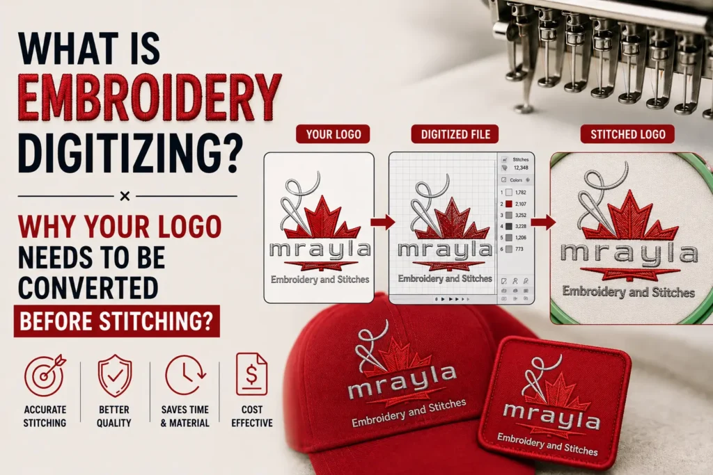 Logo artwork, digitized stitch design and finished embroidery by MRAYLA Embroidery and Stitches