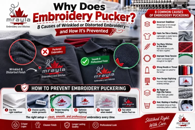 Embroidery puckering guide showing eight causes of wrinkled or distorted embroidery and how proper stabilizer, hooping, digitizing, and testing help prevent it.